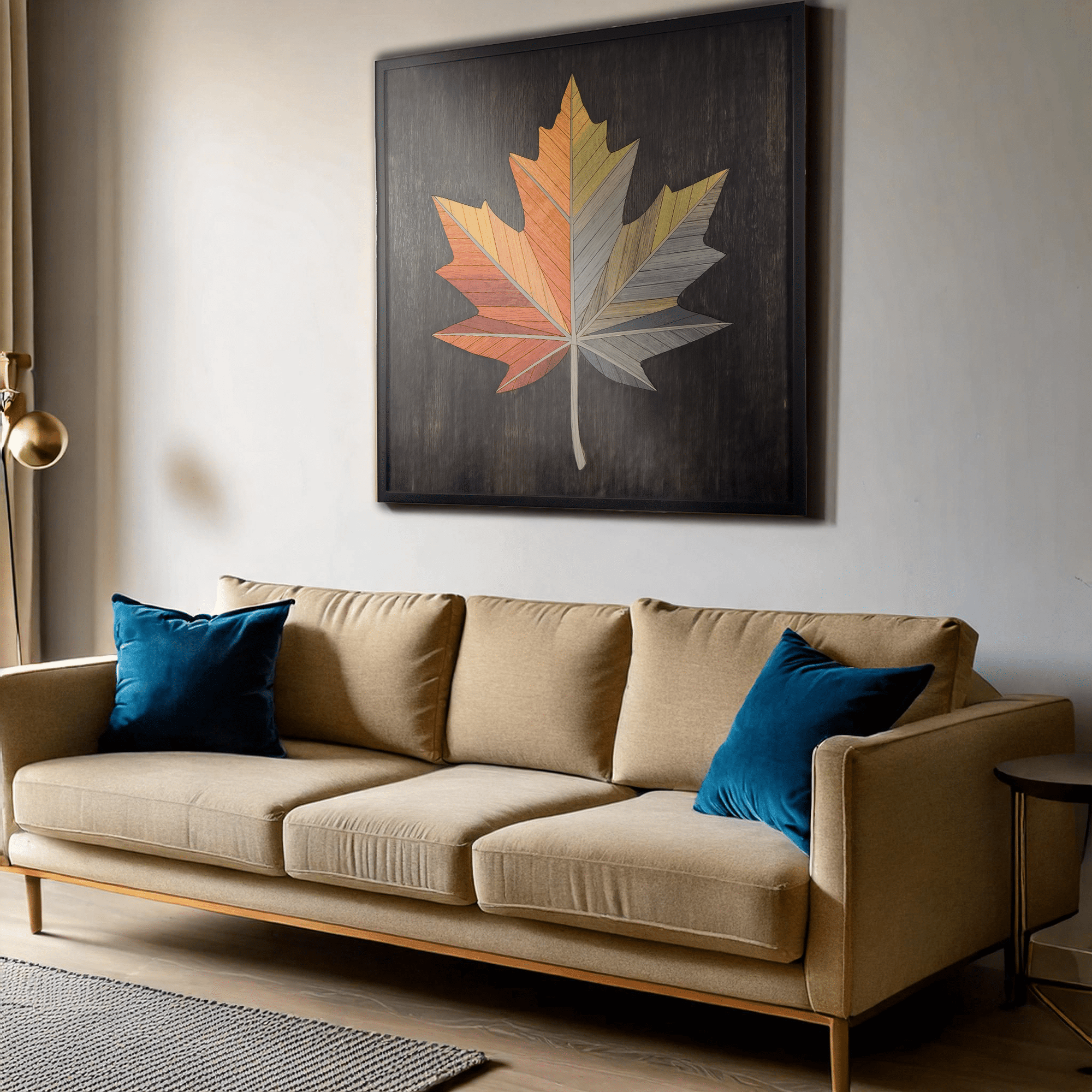 Autumn Maple Leaf artwork styled in a cozy living room with rustic decor.